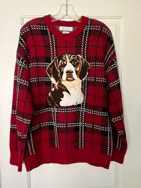 Urban Outfitters Red Plaid Cotton Pullover Sweater with Dog Sz S Whimsical
